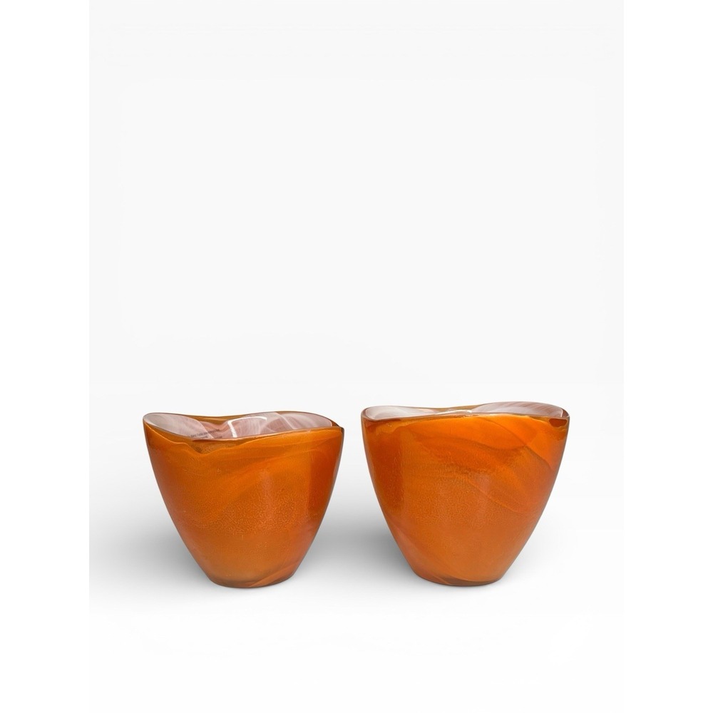 Anthropologie Art Glass Orange Swirl Votive Tea Light Candle Holder SET OF 2